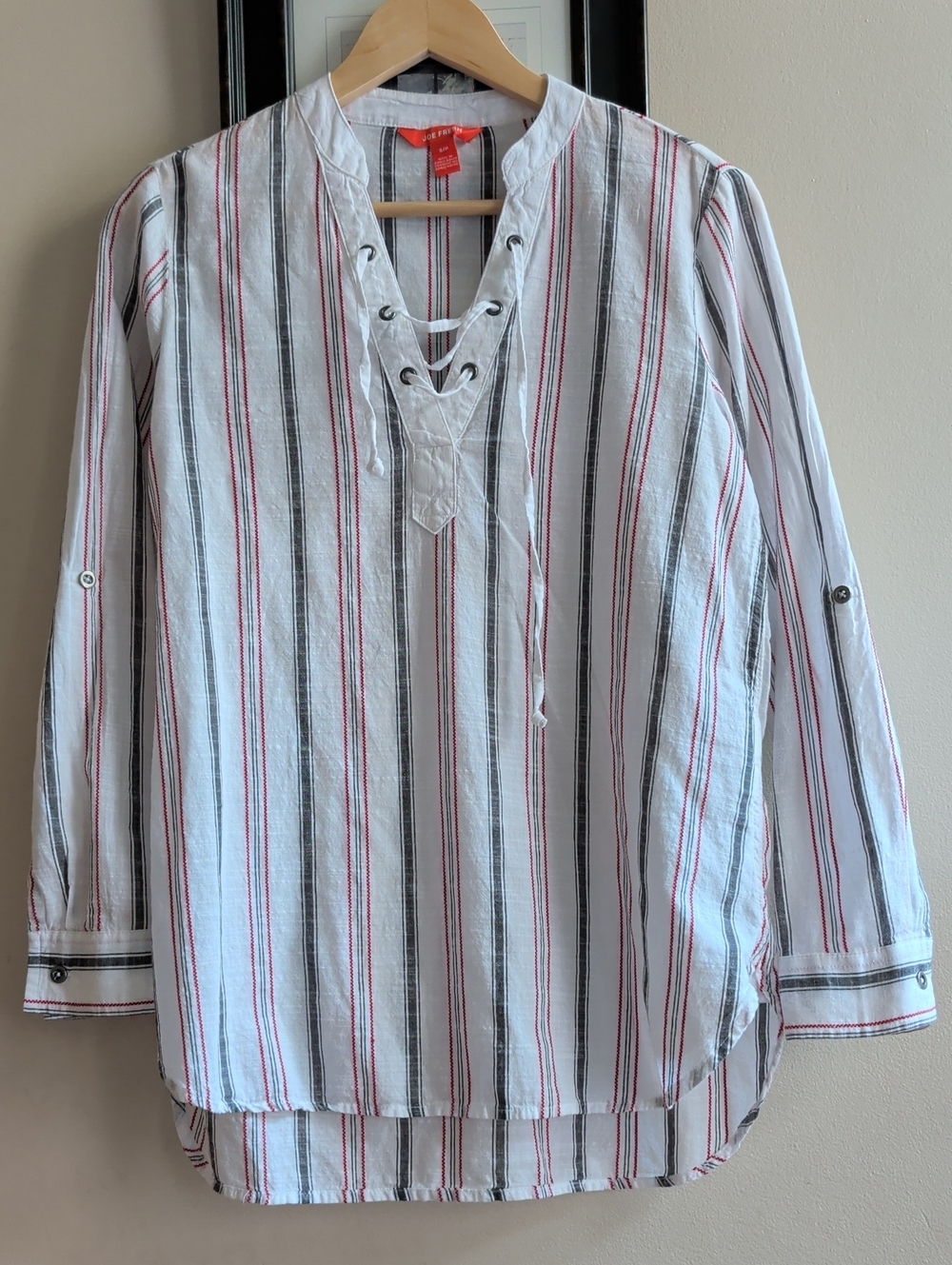 Joe Fresh Women's White Stripe Lace-Up Tunic Style Shirt
